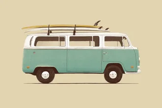 Illustration of a blue van parked at the beach, with gentle waves in the background.