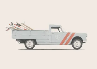 Illustration of a vintage pickup parked by the beach, in calm colors.