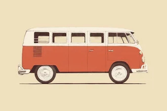 Illustration of a red van parked peacefully on the beach.