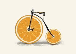 Illustration by Florent Bodart: cheerful summer scene with a bike and an orange.