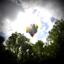 Balloons rise into the blue sky, surrounded by soft spring colors.