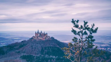 Photo art by Eva Stadler: Hohenzollern Castle surrounded by pine trees at blue hour
