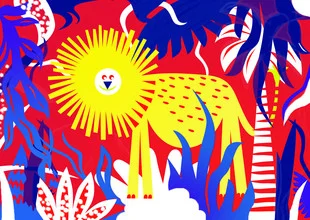 Illustration of a happy lion in a lush jungle setting