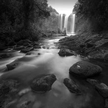Wunderschöner Wasserfall in Neuseeland, sanfte Strömung des Flusses umgeben von üppiger Natur.