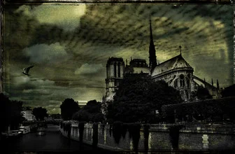 Photo art by Sophie Etchart: Notre Dame de Paris at sunset, soft colors.