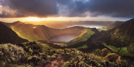 Photo art by Jean Claude Castor: crater lake in the Azores at sunset