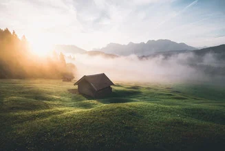 Morning fog over a cabin in Bavaria with gentle golden hues.