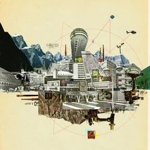 Wandbild mit surrealer Stadtkollage von Marko Köppe, lebendige Farben und interessante Formen