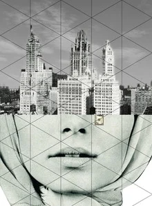 Wall art by Marko Köppe: creative collage of a woman in a vibrant city landscape