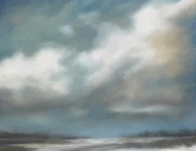Illustration by Kelly Money: soft beach landscape under a misty sky