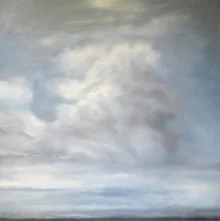 Wall art featuring soft blue and white tones depicting a serene sky landscape.