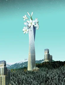 Illustration von Marko Köppe: farbenfrohe Traumlandschaft mit Blumen und Himmel