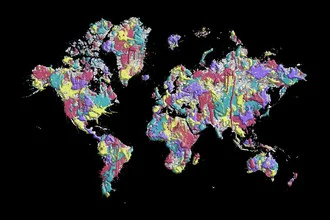 Wall art featuring a stylized world map in pop art style with vibrant colors.