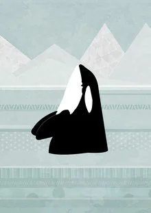 Illustration by Katherine Blower: orca in a snowy, winter sea scene