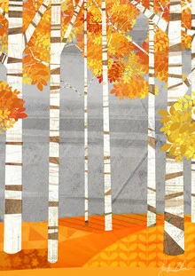Wall art by Katherine Blower: autumn forest with colorful leaves and birch trees
