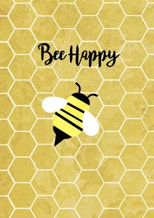 Illustration by Katherine Blower: cheerful bee in honeycomb pattern