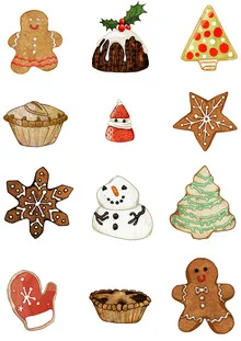 Illustrierte Weihnachtsleckereien mit bunten Plätzchen und einer festlichen Stimmung.
