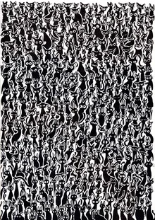 Wall art featuring a playful pattern of black cats in a cartoon style