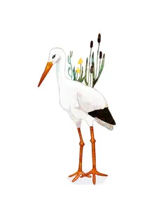 Illustration of a crane, gracefully standing among plants in soft colors.
