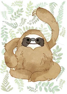 Wall art of a happy sloth surrounded by plants in soft colors.