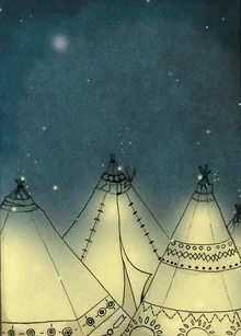 Wall art by Katherine Blower: charming tipi illustration at night with fireflies