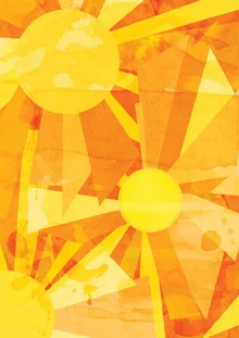 Wandbild mit warmen Sonnenstrahlen in Gelb und Orange, abstrakte Komposition.