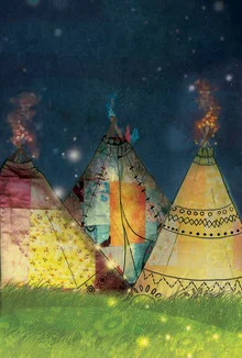 Illustration of patchwork tipis under a starry sky, soft colors, and a peaceful mood.