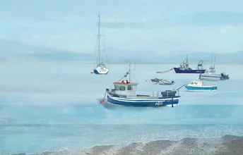 Illustration by Katherine Blower: fishing boats in Tywyn Bay harbour