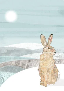 Illustration by Katherine Blower: winter landscape featuring a snow-white hare