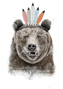 Wall art of a funny bear wearing a feather headband, conveying a summer vibe.