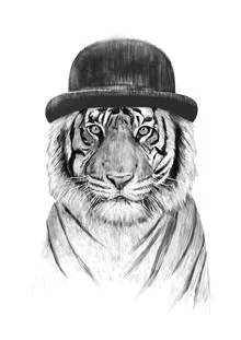 Wandbild von Balazs Solti: humorvolle Zeichnung eines Tigers mit Hut