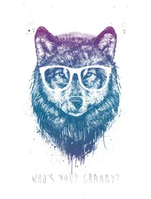 Illustration by Balazs Solti: humorous depiction of Little Red Riding Hood and the Wolf