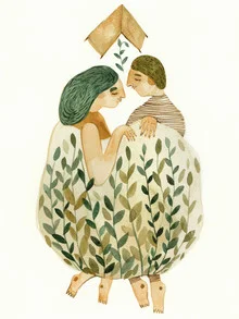 Illustration of a couple camping in nature, surrounded by leaves and plants.