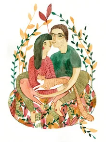 Illustration by Mirjam Siim: a couple surrounded by plants with a cat on the carpet.