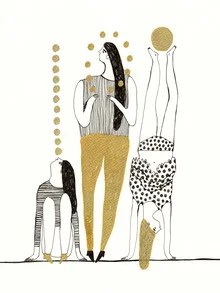 Illustration of a circus scene with juggling girls in black and gold.