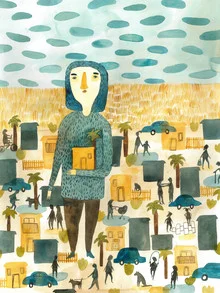 Illustration of a person relaxing in a city with trees, cars, and houses.