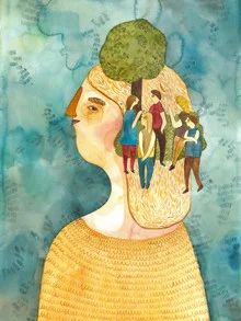Illustration by Mirjam Siim: a girl in the subconscious under a tree