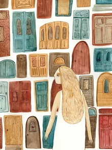 Illustration of a girl in front of a selection of doors in soft watercolor tones.