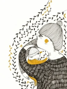 Illustration by Mirjam Siim: mother and child embrace, soft colors and a loving mood.