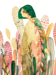 Illustration by Mirjam Siim: girl surrounded by plants in soft colors