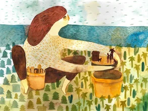 Illustration by Mirjam Siim: girl planting trees in a warm, tropical setting.