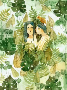 Illustration by Mirjam Siim: boy and girl in a jungle with birds and leaves.