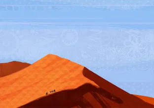 Wall art by Katherine Blower: colorful desert landscape with orange sand dunes