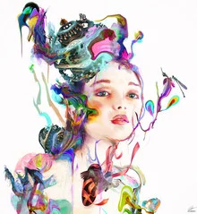 Wall art by Archan Nair: abstract portrayal with floral elements and vibrant colors