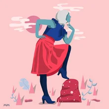Illustration by Matias Misael: Woman in stylish outfit looking thoughtfully into the distance.