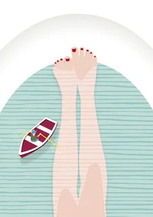 Wall art by Christina Ernst: Illustrative bathtub scene with feet in water.