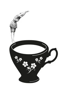 Illustration by Christina Ernst: woman diving into a teacup adorned with floral patterns