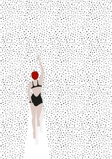 Illustration of a woman in a swimming cap swimming in a lake, summer vibe.