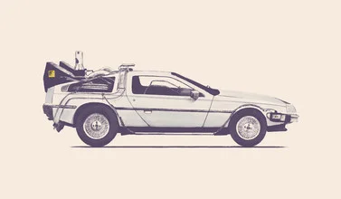 Illustration of a Delorean from 'Back to the Future' in beige tones.