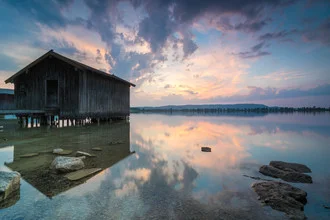 Photo art by Martin Wasilewski: calm evening at Kochel Lake with soft colors